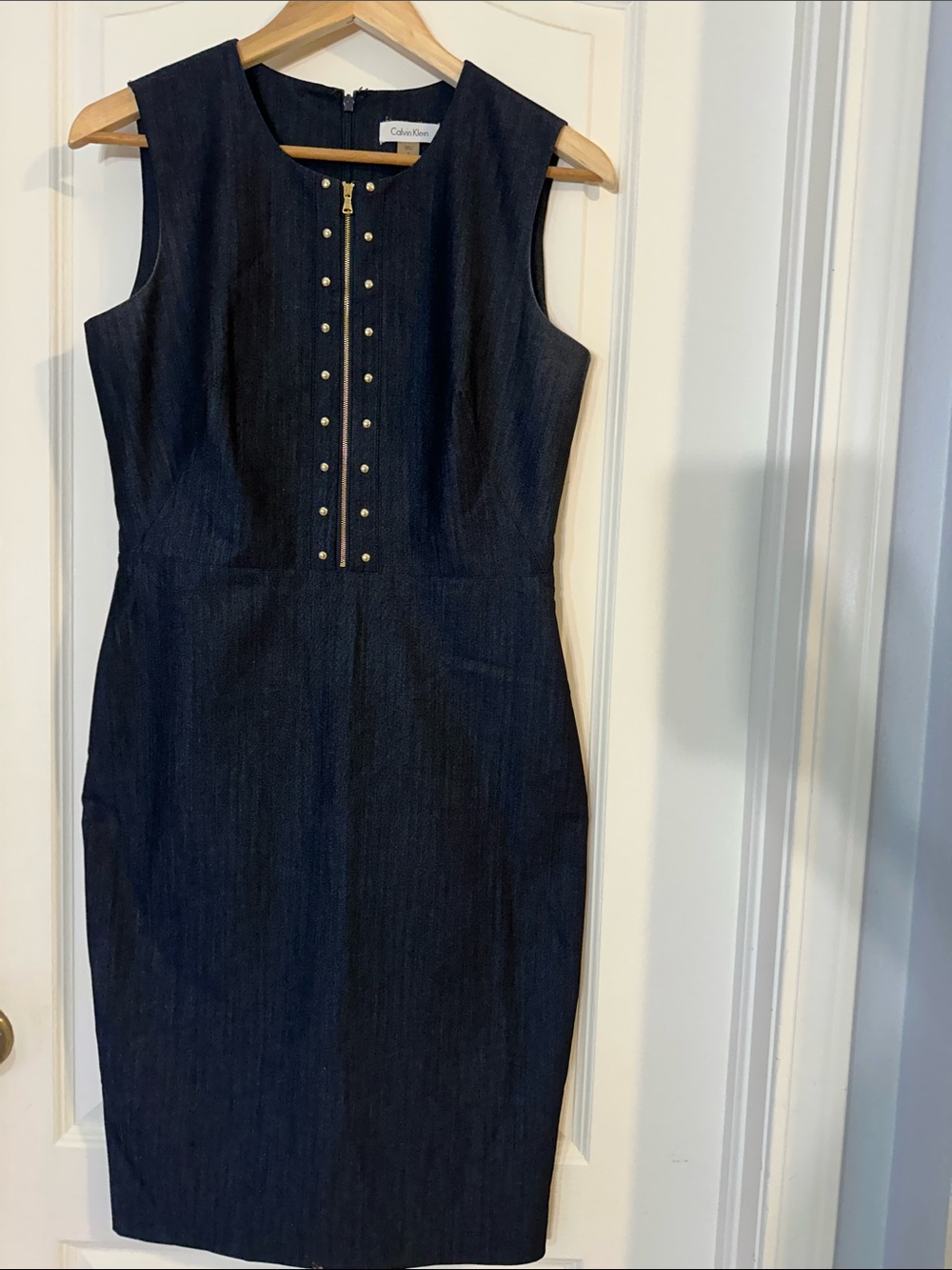 Calvin Klein Dark Navy Sleeveless Sheath Dress with Front Zip and Stud Detail
